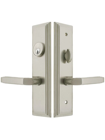 Manhattan F20 Function Mortise Lock Entryset in Satin Nickel with Left Hand Milano Levers, and Stop/Release Buttons.